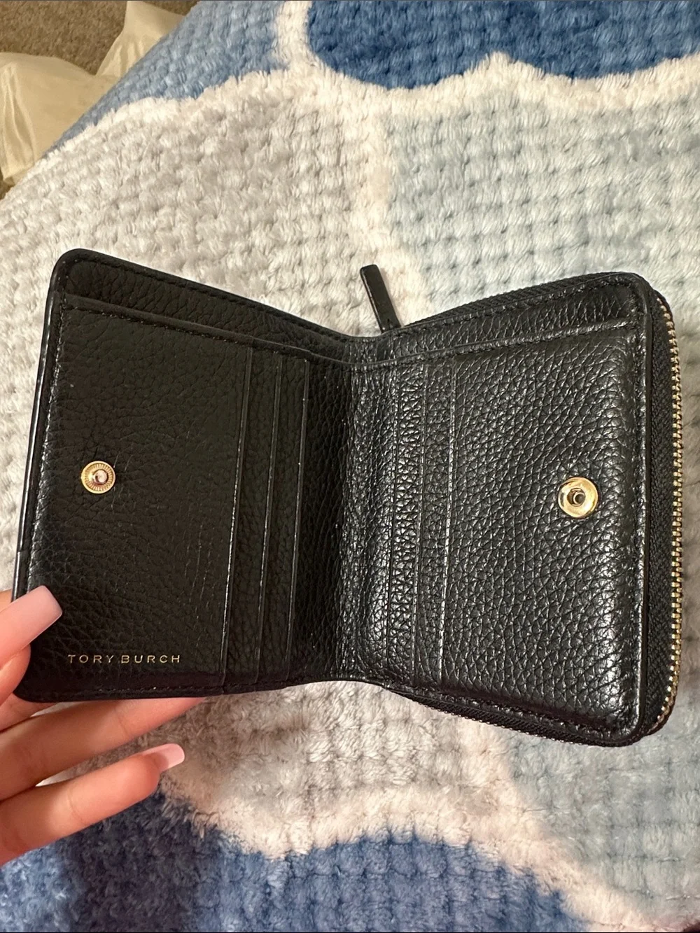 Tory Burch Black Pebbled Leather Zip Wallet